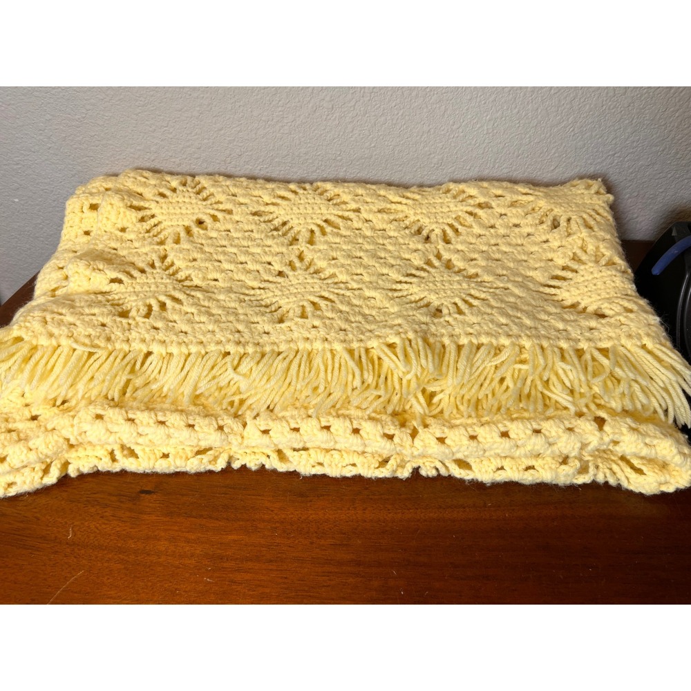 Handmade Crochet Afghan Throw Blanket 44x48 Yellow Sunburst Fringe Vintage Style